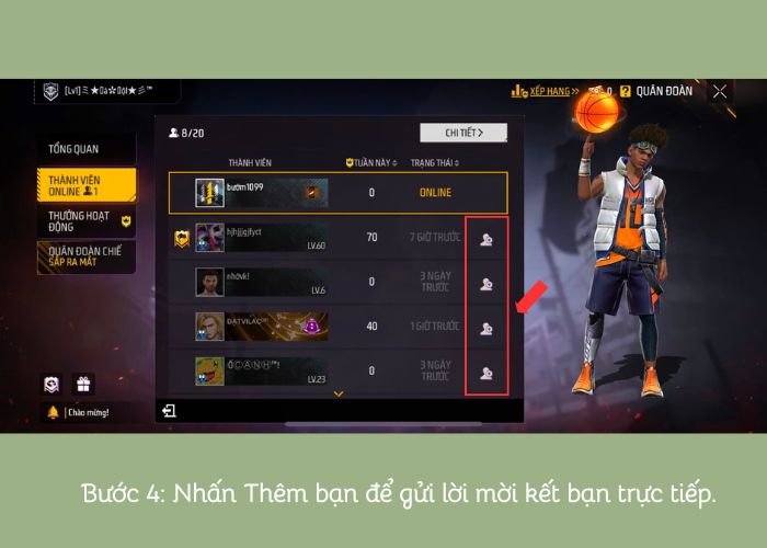 kết bạn free fire qua quân đoàn bước 4