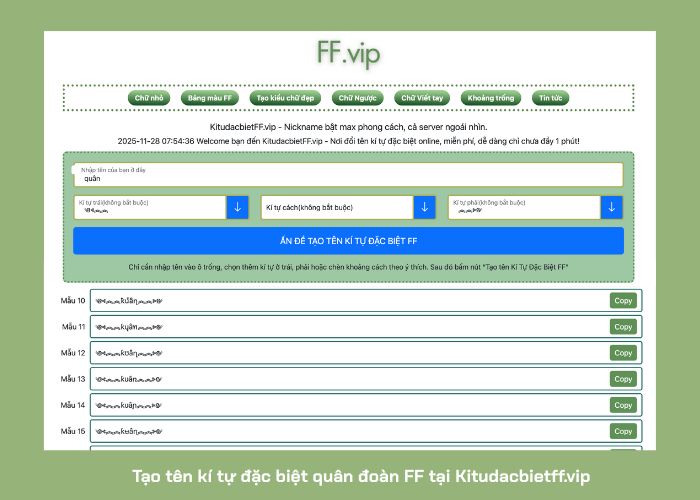tạo tên kèm kí tự đặc biệt ff cho quân đoàn