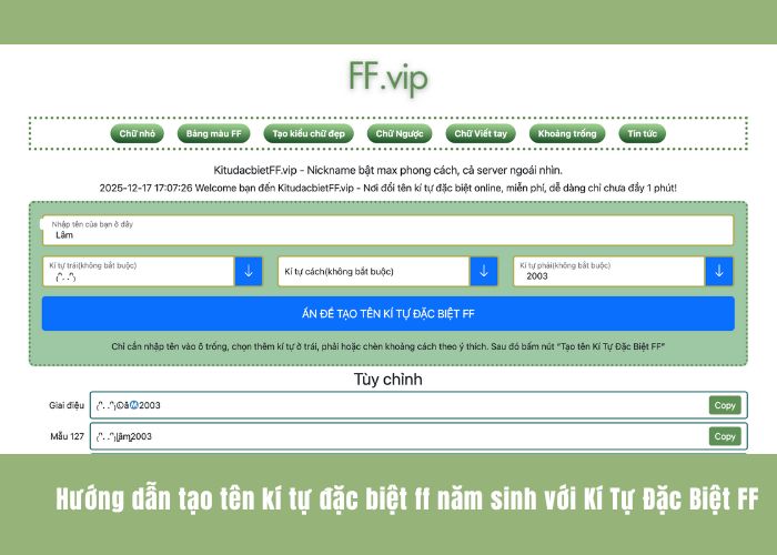 hướng dẫn tạo tên kí tự free fire năm sinh