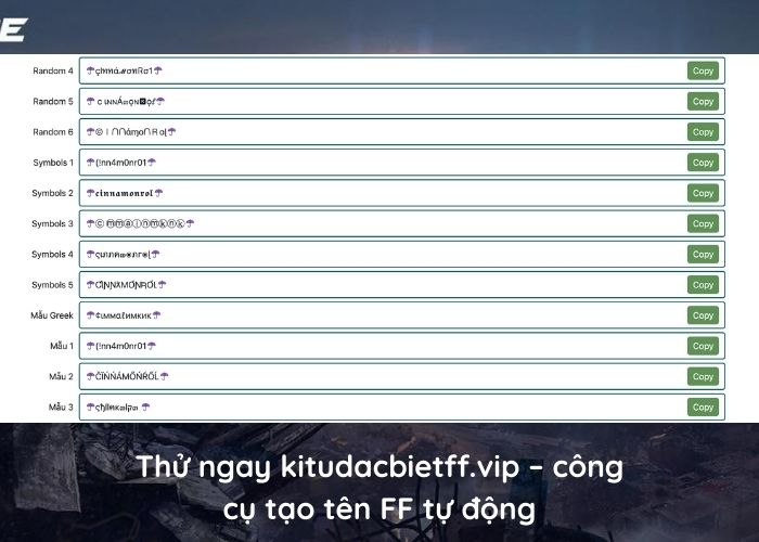 Công cụ tạo tên FF tự động Kí Tự Đặc Biệt FF