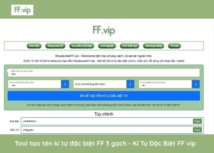 tool tạo tên kí tự đặc biệt 3 gạch ff