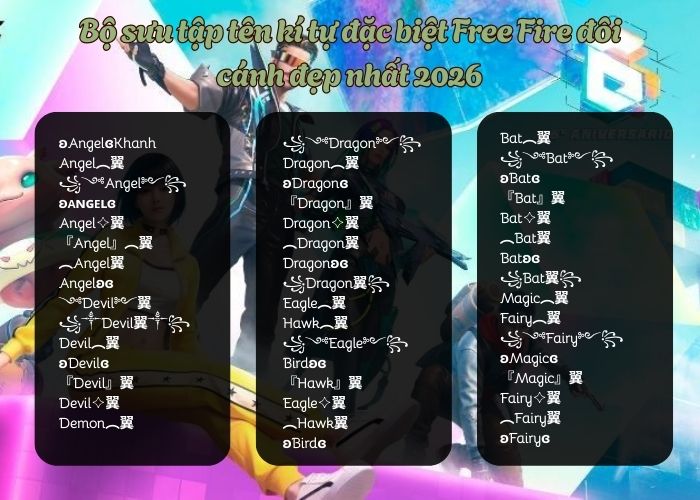 bộ sưu tập tên kí tự đặc biệt game ff đôi cánh 