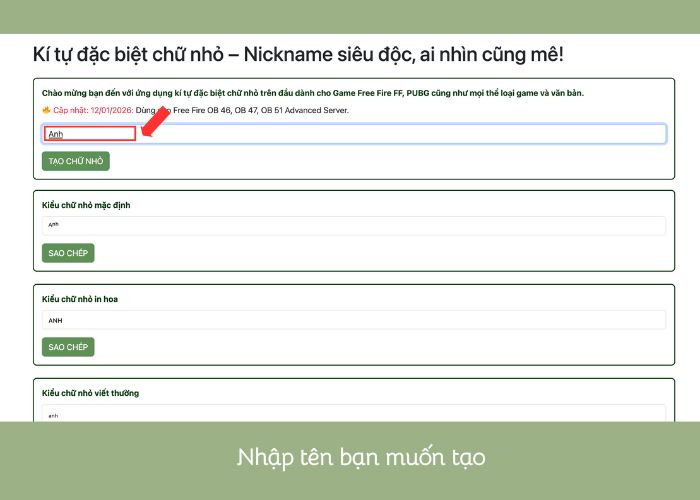 bước 2 tạo kí tự đặc biệt free fire chữ nhỏ