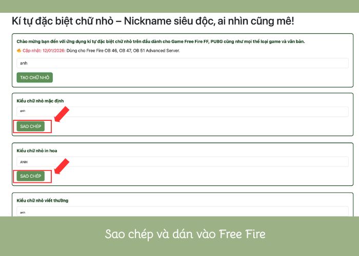bước 4 tạo kí tự đặc biệt free Fire chữ nhỏ