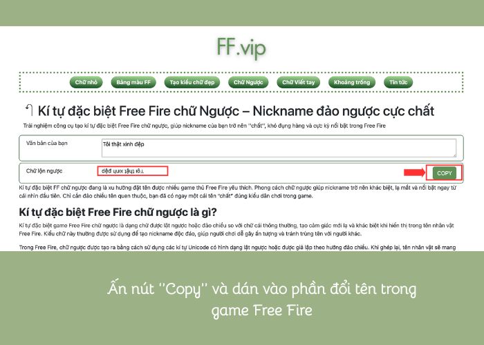 bước cuối tạo tên kí tự free fire chữ ngược