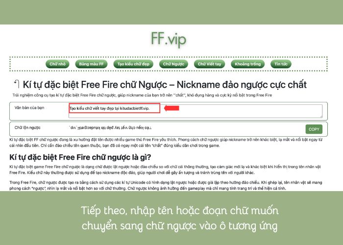 bước tiếp tạo tên kí tự free fire chữ ngược