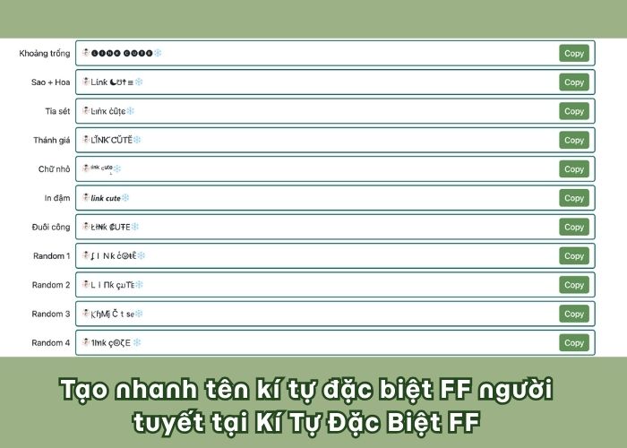 tạo tên kí tự người tuyết ff với Kí Tự Đặc Biệt FF