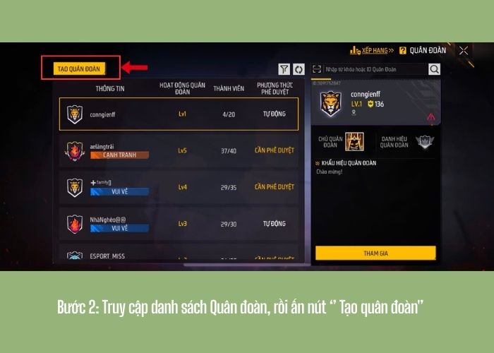 Bước 2 trong cách tạo quân đoàn game Free Fire
