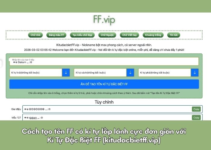 Tạo tên kí tự FF lấp lánh với Kitudacbietff.vip