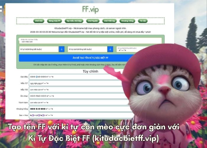 Tạo tên kí tự mèo Free Fire với Kitudacbietff.vip