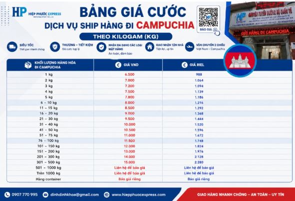 Bảng giá gửi hàng đi Campuchia tại Hiệp Phước Express